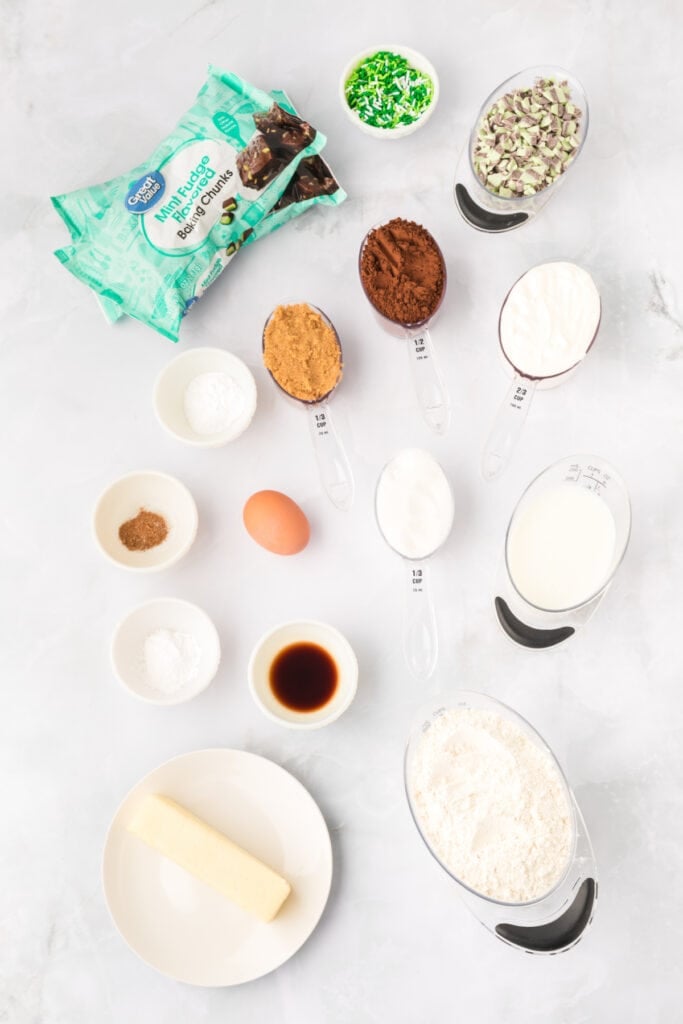 Ingredients for Chocolate Mint Donuts measured and arranged before baking