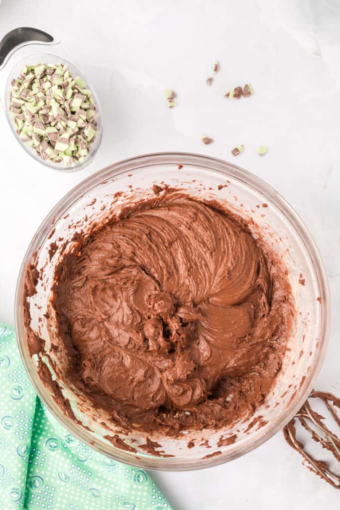 Thick chocolate batter for Chocolate Mint Donuts ready for the Andes Mint Baking Chips