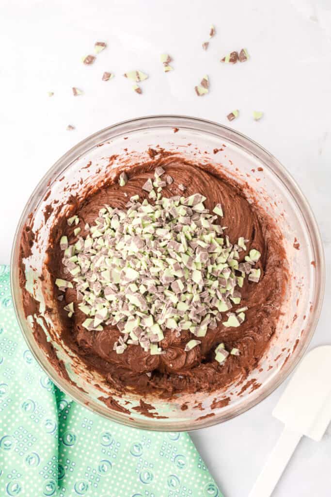 Andes Mint Baking Chips added to the Chocolate Mint Donut batter