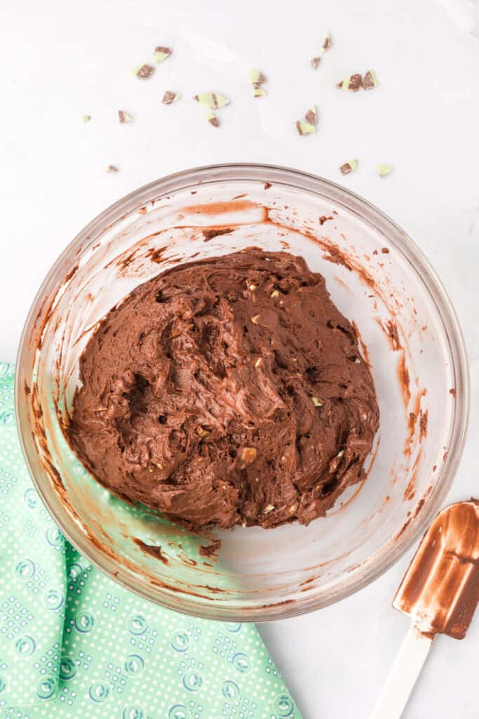 Chocolate Mint Donut batter after folding in the Andes Mint Baking Chips