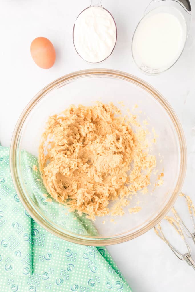 Creamed butter and sugar mixture for Chocolate Mint Donuts