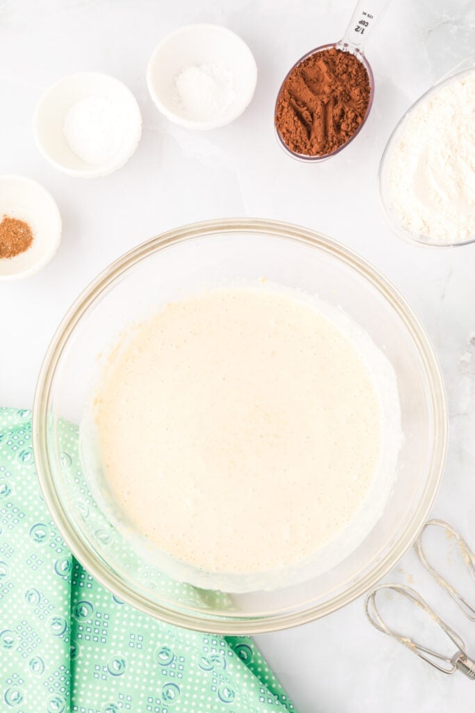 Wet ingredients mixed until smooth for Chocolate Mint Donuts