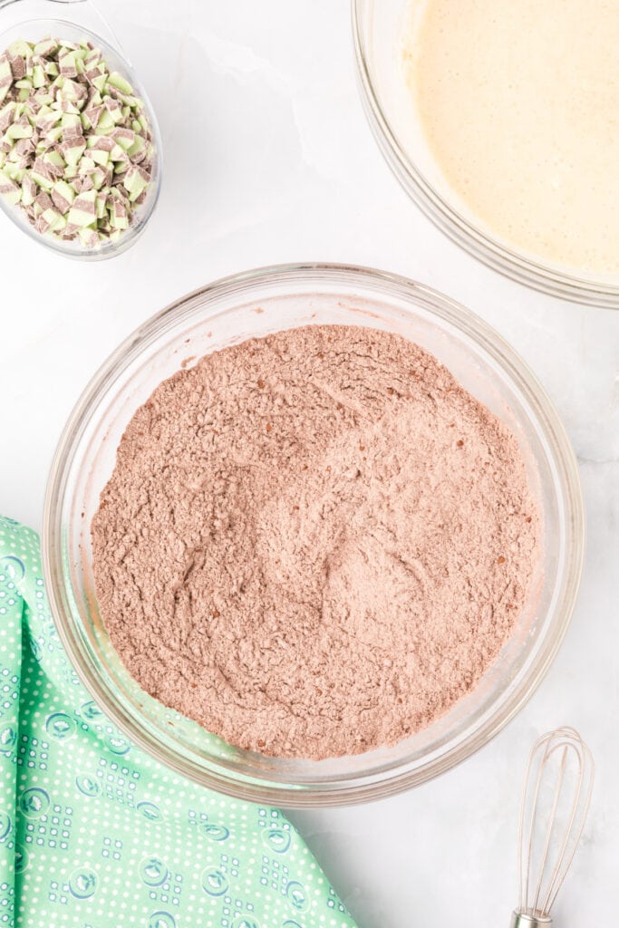 Dry ingredients whisked together for Chocolate Mint Donuts