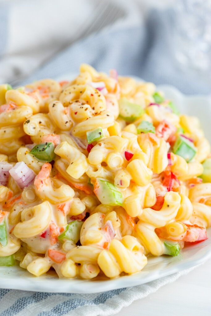 macaroni salad piled into a bowl