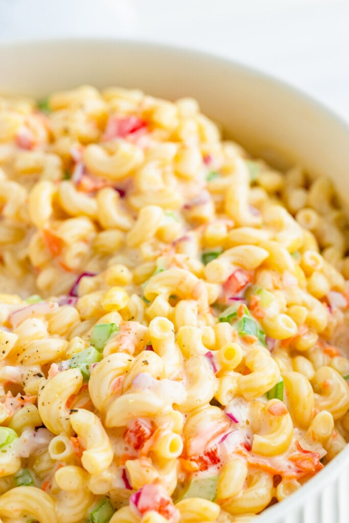 looking down into a bowl of macaroni salad