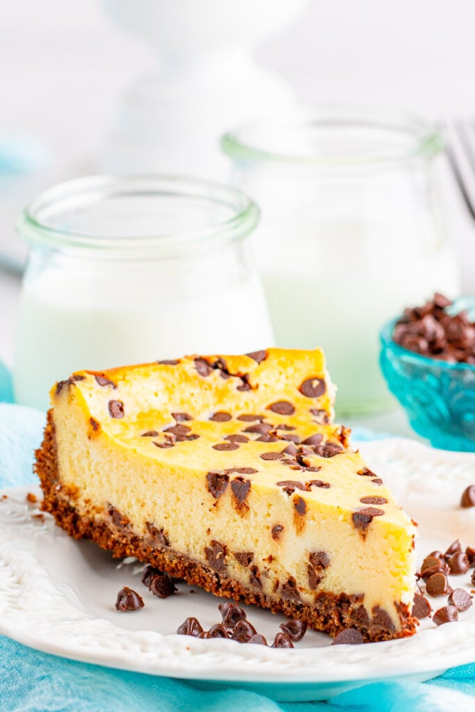 slice of chocolate chip cheesecake on white plate