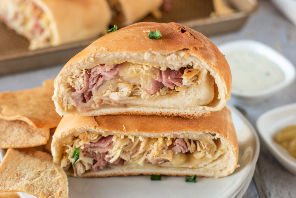 chicken cordon bleu stromboli slices stacked