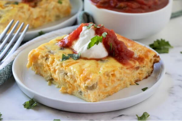 chilies rellenos casserole keto on white plate