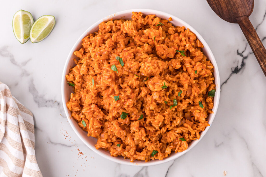 looking down into a bowl filled with mexican rice