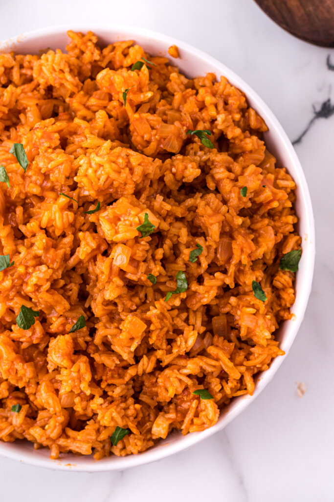 looking down onto a bowl filled with mexican rice