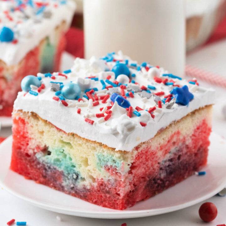 closeup jello poke cake on plate