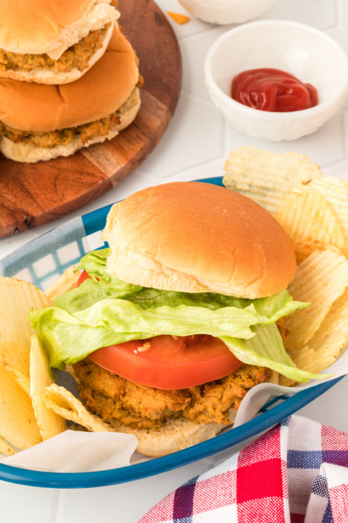 butter bean burger in blue food basket