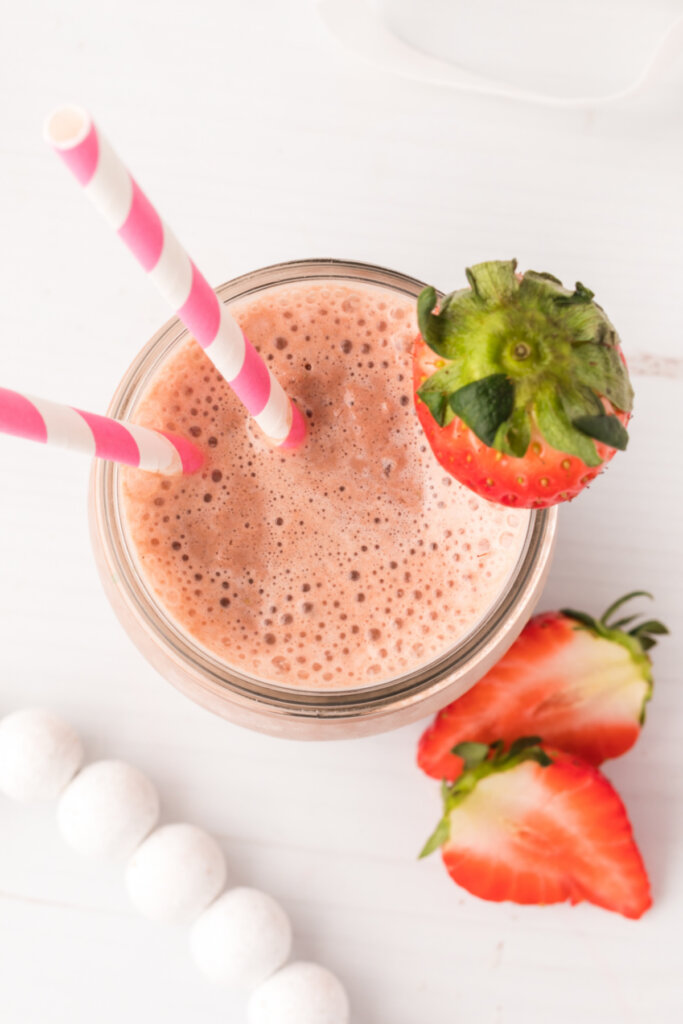 looking down into a chocolate and strawberry smoothie