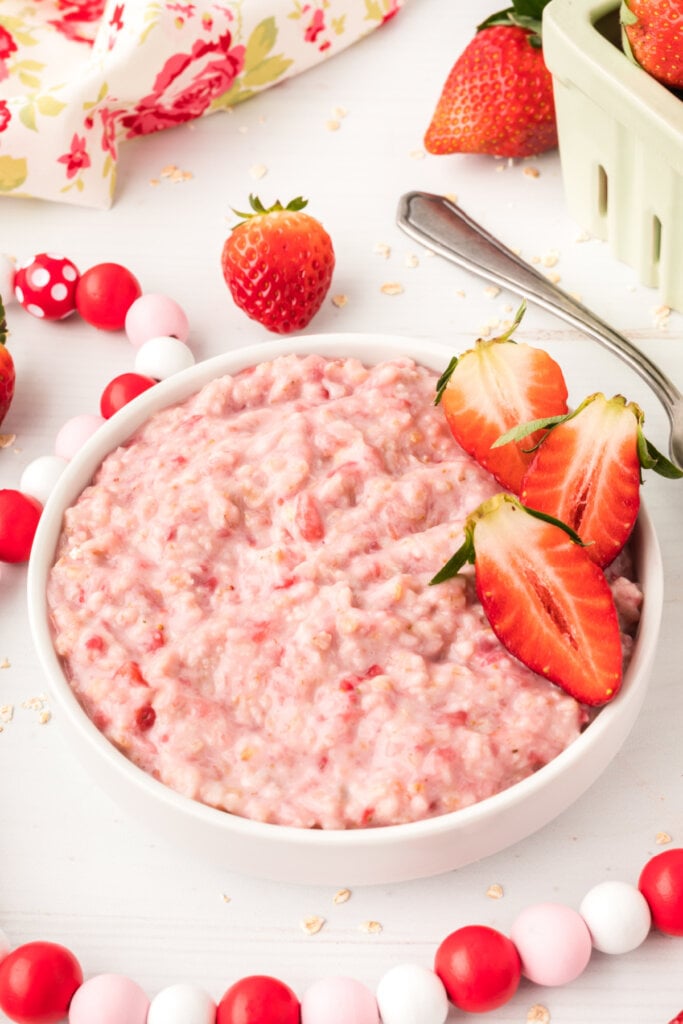 bowl filled with homemade strawberry oatmeal