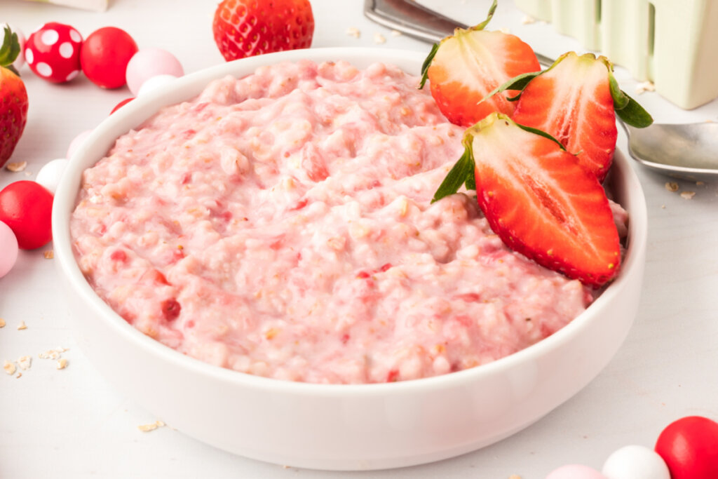 strawberry oatmeal garnished with strawberries