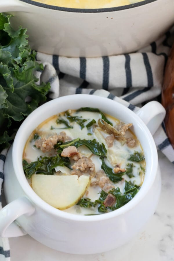 copycat Olive Garden Zuppa Toscana soup recipe in white bowl