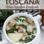 finished zuppa toscana soup in white bowl