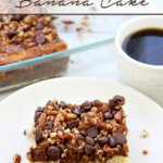 Cinnamon Banana Cake slice on plate with cup of coffee