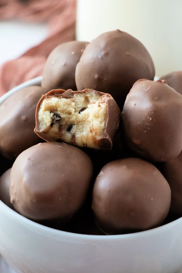 finished cookie dough truffles in bowl