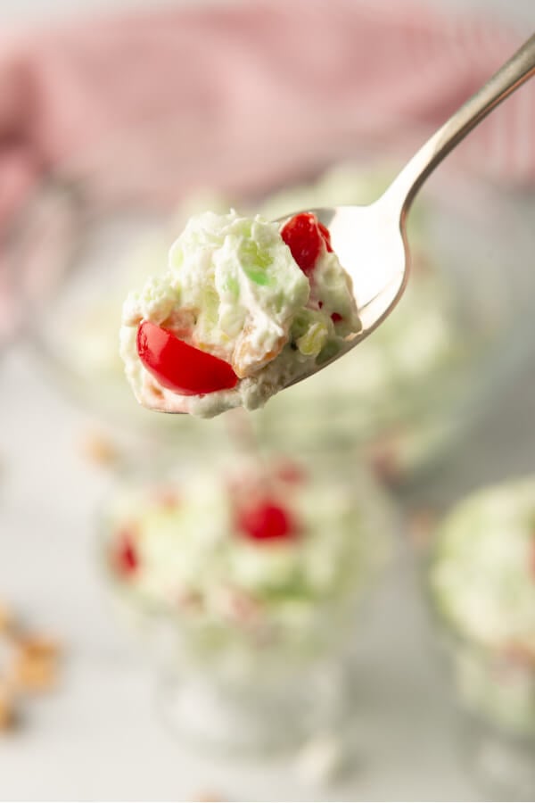 pistachio salad on spoon