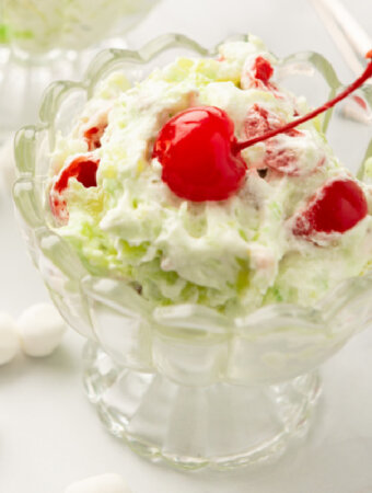 finished pistachio salad with maraschino cherries