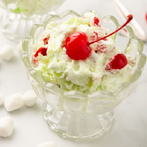 finished pistachio salad with maraschino cherries