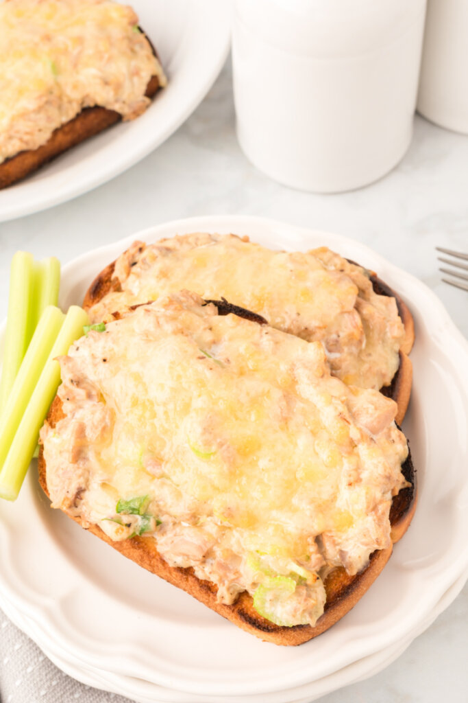 two cheesy tuna melts on white plate