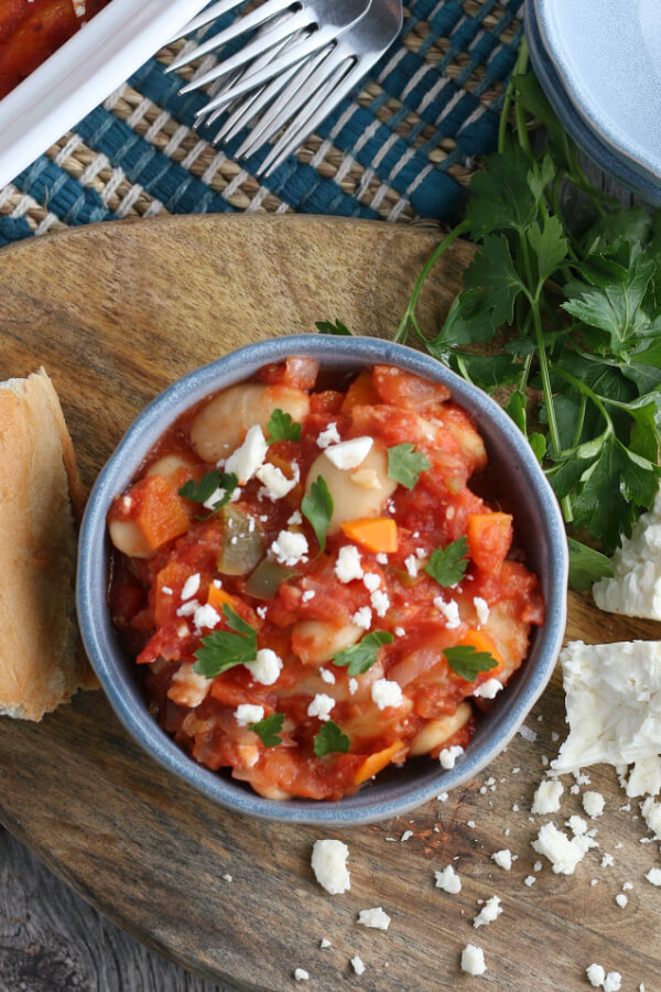 finished Greek Baked Beans recipe in bowl