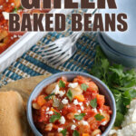 Greek Baked Beans in bowl topped with Feta cheese