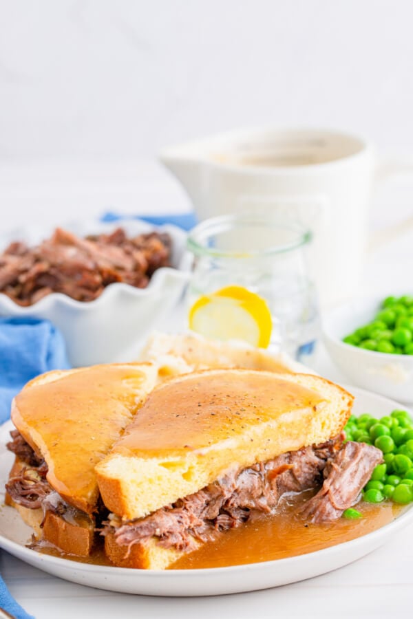 hot roast beef sandwich with mashed potatoes and gravy