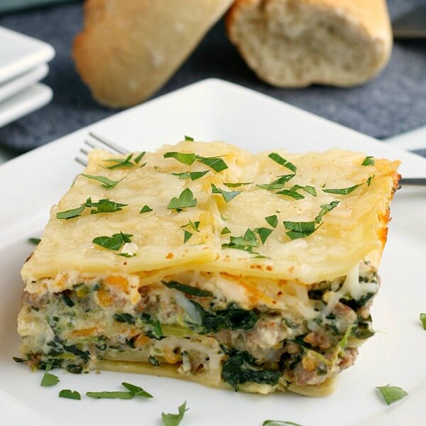 Italian Sausage Spinach Alfredo Lasagna on plate