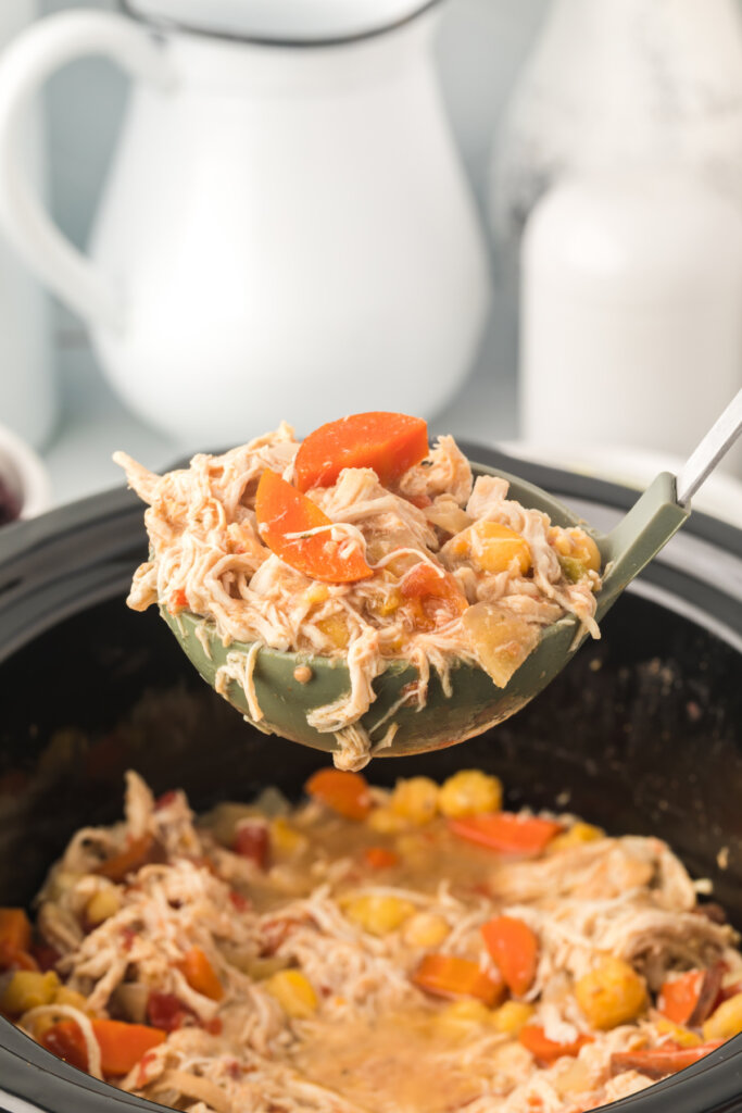 ladle of chicken posole over slow cooker