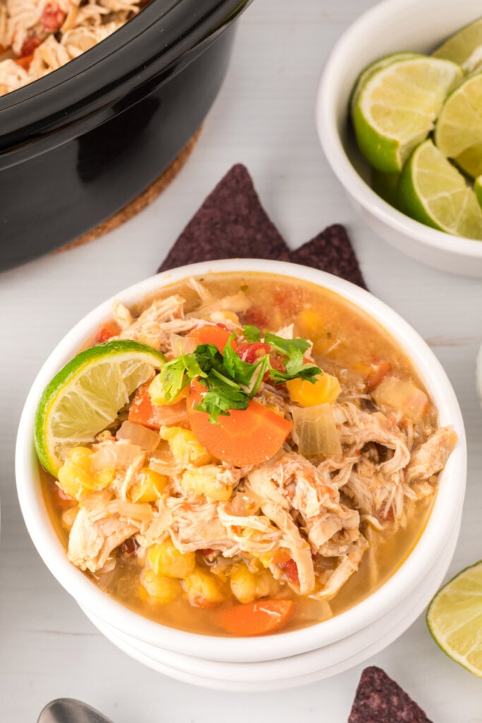 slow cooker chicken posole in bowl