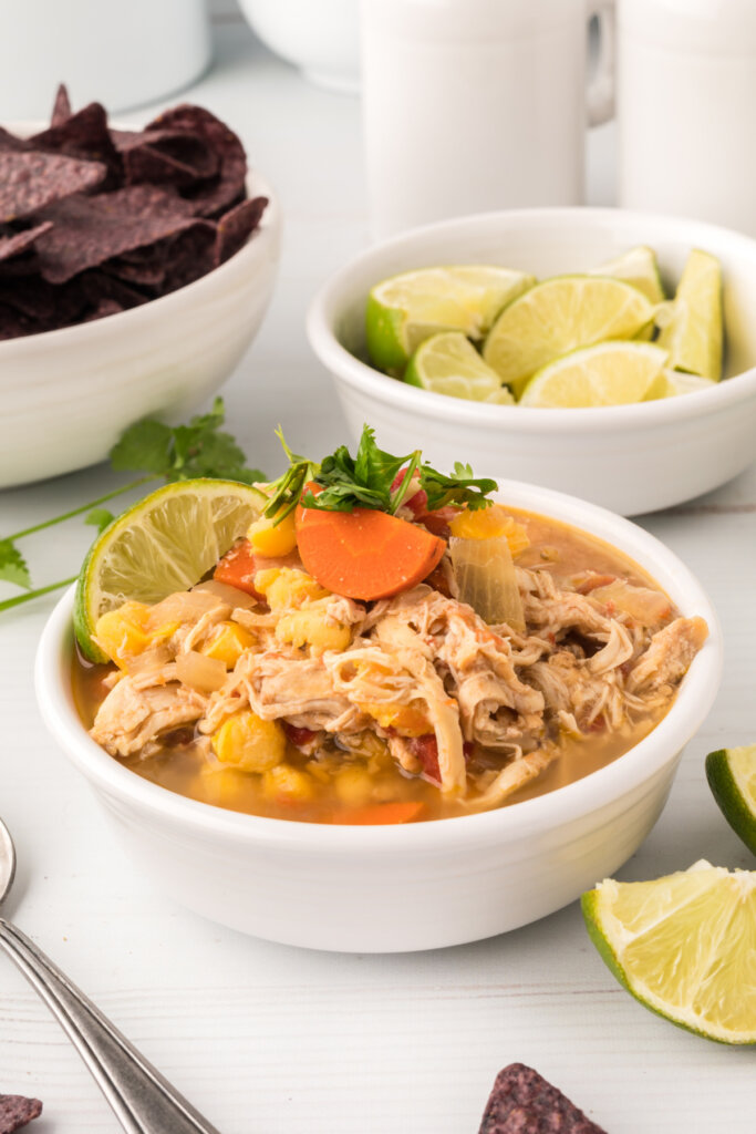 slow cooker chicken posole in bowl