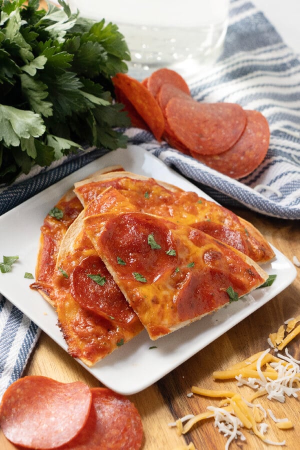 tortilla pizza cut into sections on plate