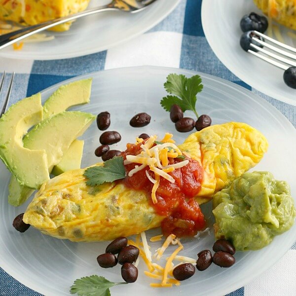 omelet in a bag on plate with garnish