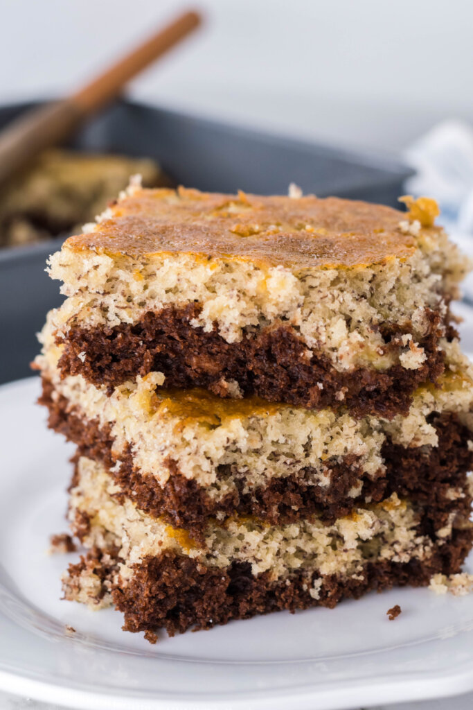 three chocolate banana bars stacked on top of each other