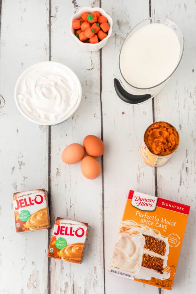 Overhead view of all ingredients laid out for pumpkin spice poke cake