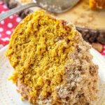 Pumpkin Streusel Coffee Cake piece on plate close up.