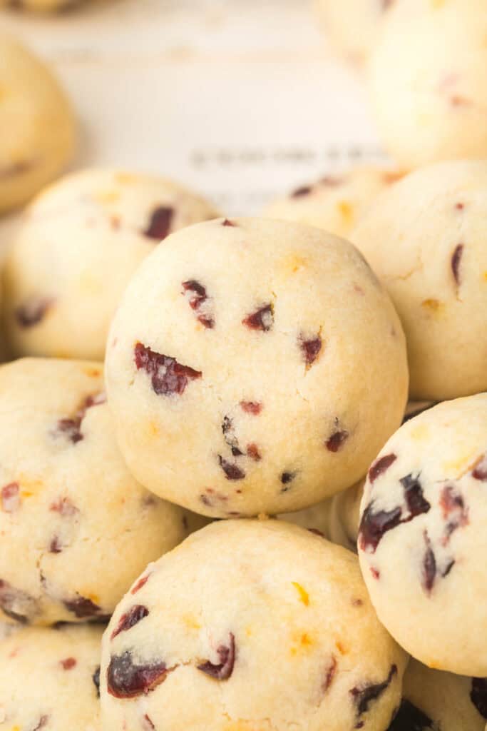 Close-up of a single Cranberry Orange Christmas Sandies cookie showing its buttery texture and bits of dried cranberries and orange zest.