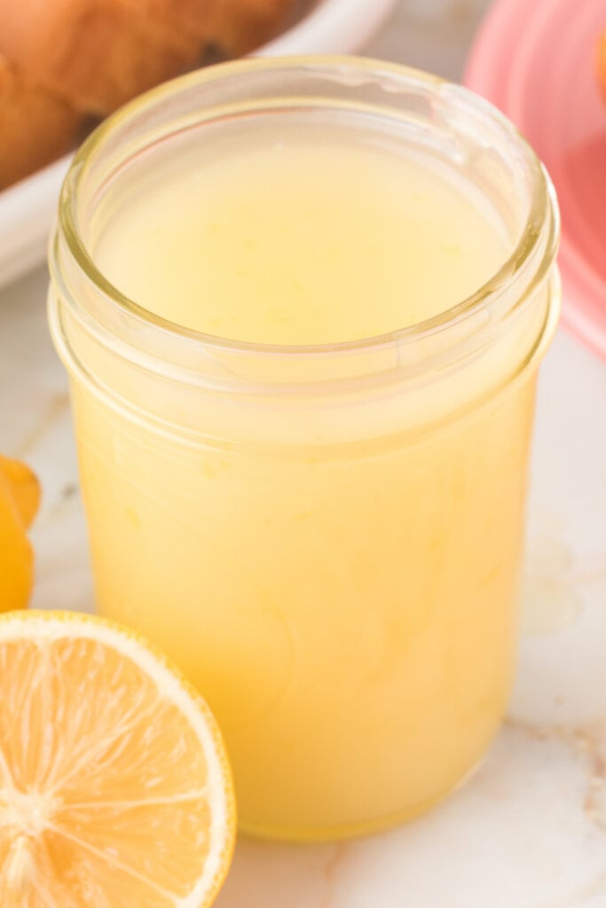 closeup of lemon sauce in a glass jar