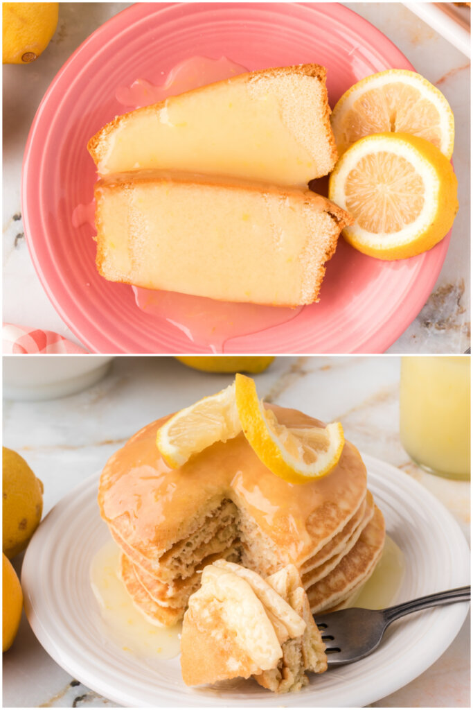 collage showing how to use lemon sauce - pound cake and pancakes