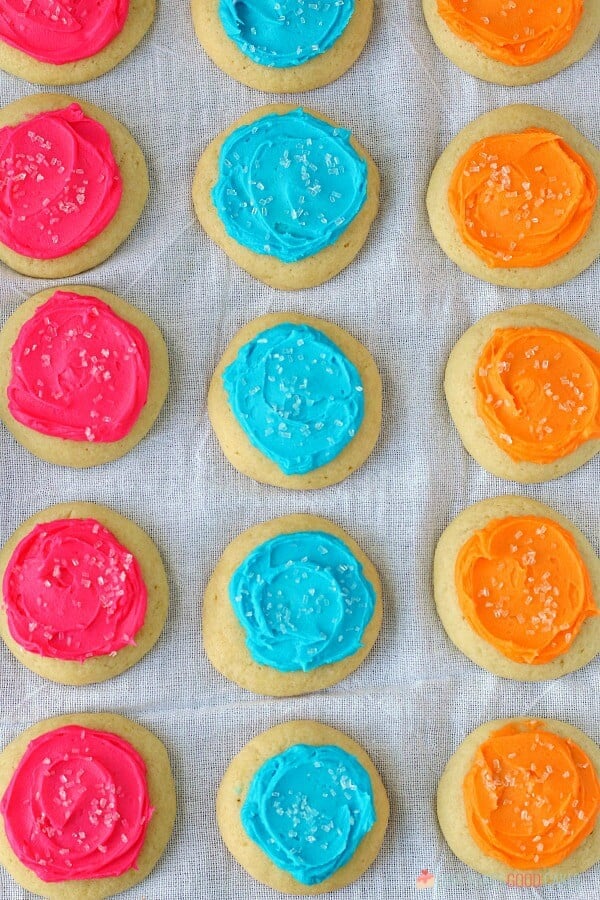 Soft Sugar Cookies laying on a cloth surface close up.