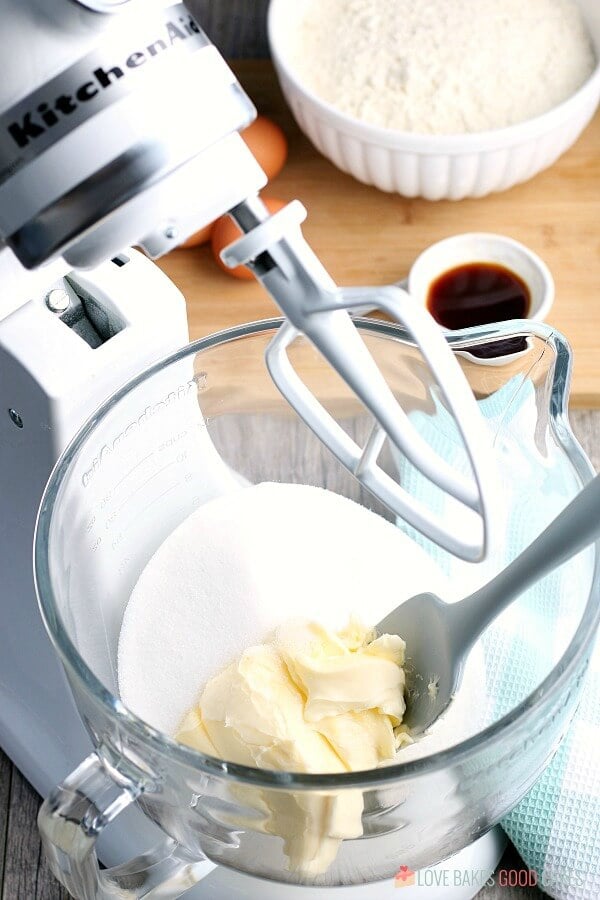 Soft Sugar Cookie ingredients in an electric mixer getting ready to be blended.