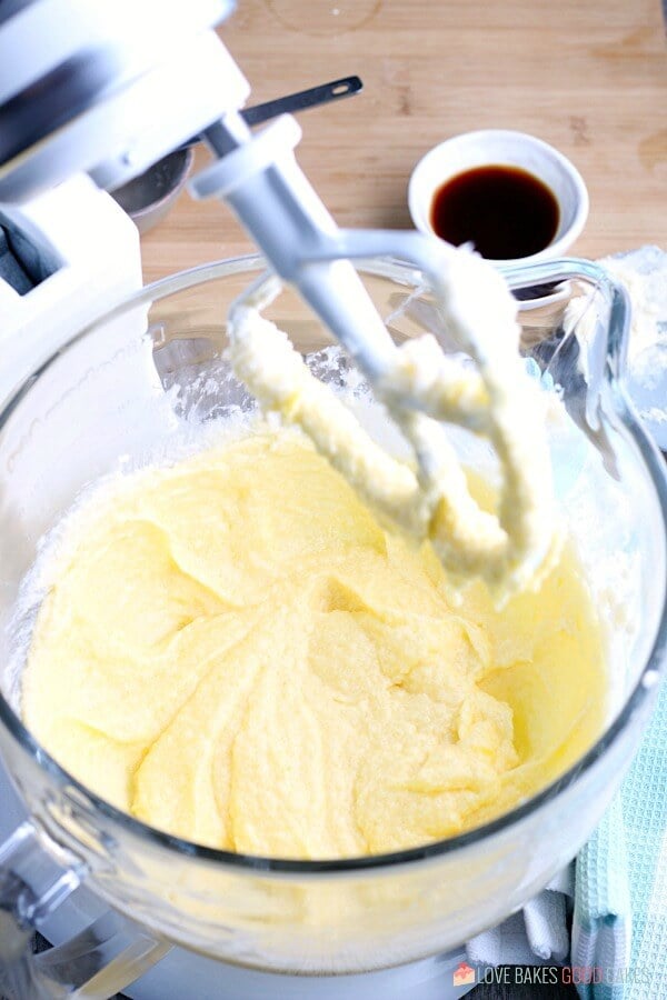 Soft Sugar Cookie dough in an electric mixer bowl after being blended.