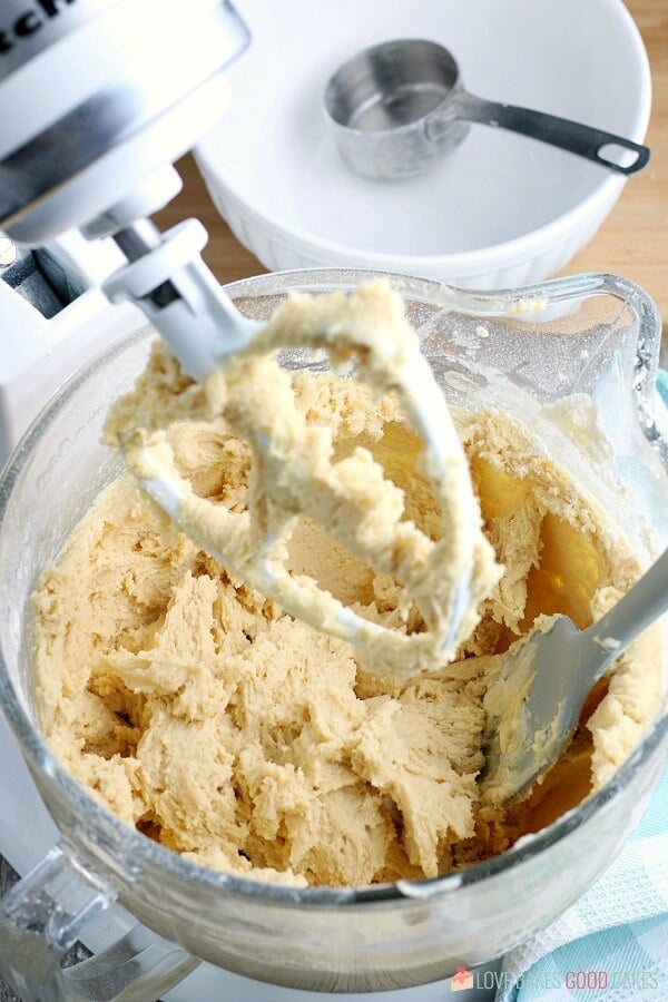 Soft Sugar Cookie dough in an electric mixer bowl after being blended.