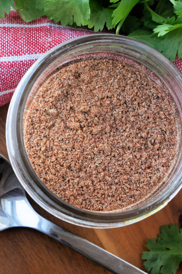 closeup looking down into a jar of homemade taco seasoning