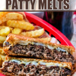 patty melt sandwich cut in half in basket with fries