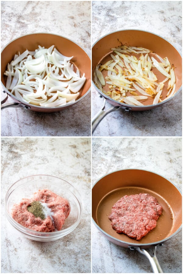 cooking onions and forming then cooking beef patty