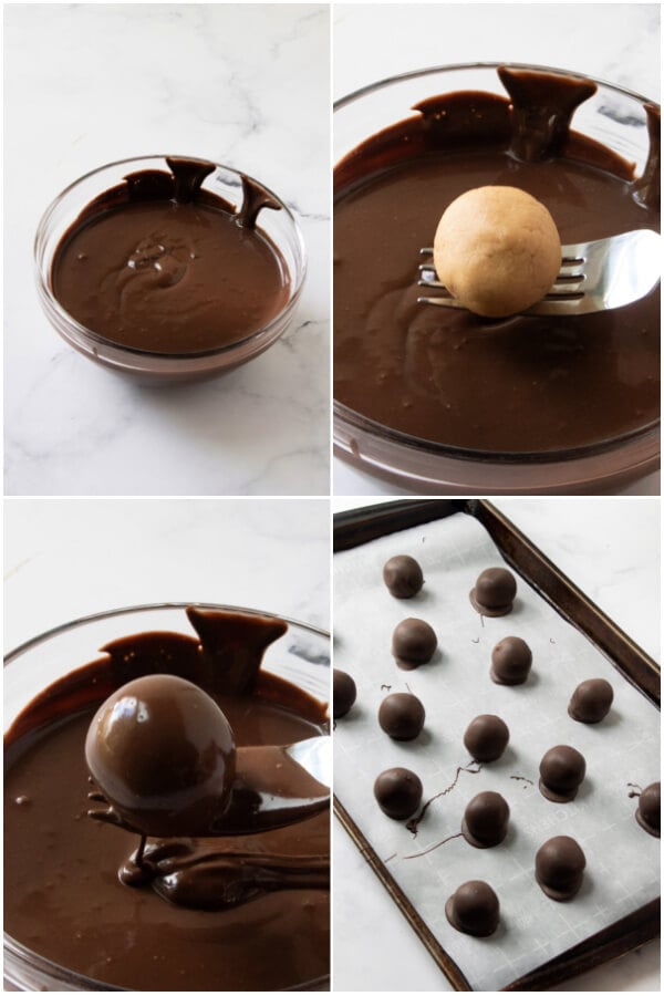 dipping the balls in chocolate